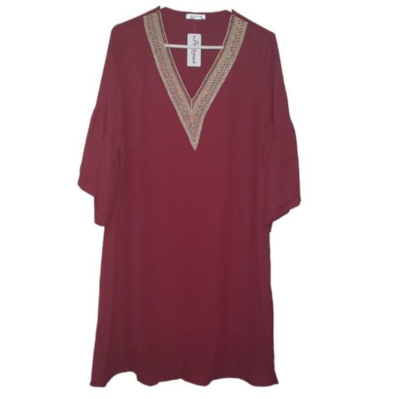 Hotouch Boho Burgundy Trapeze Dress M – Crochet Detail, Flounce Sleeves - Picture 1 of 7